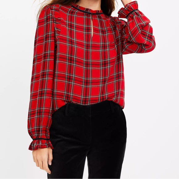 Petite Red Plaid Ruched Ruffle Neck Blouse Christmas Blouse - Picture 1 of 3